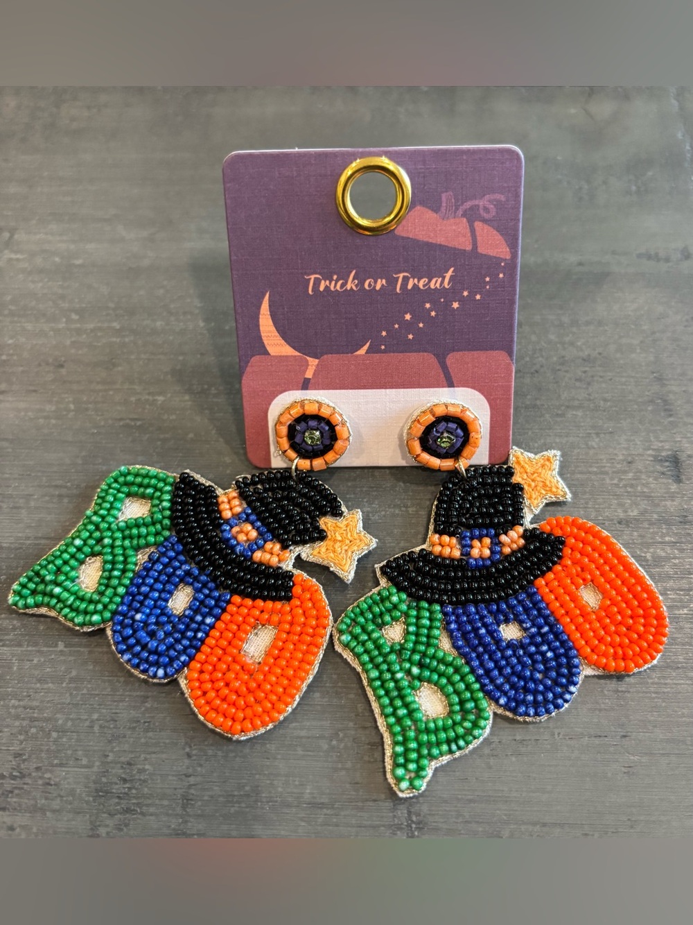 Halloween beaded “BOO” earrings with beautiful colors for fun festive events